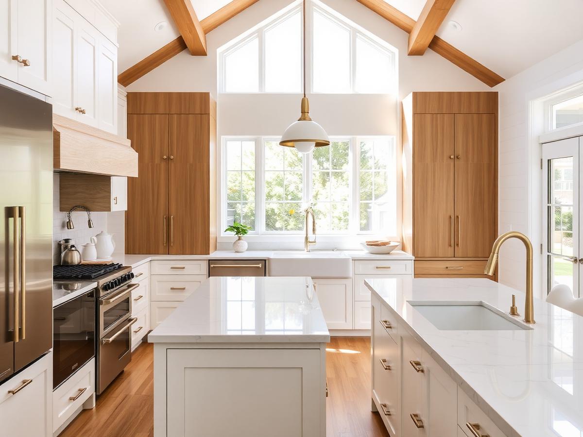 Bright white kitchen with oak accents, quartz island and brass hardware