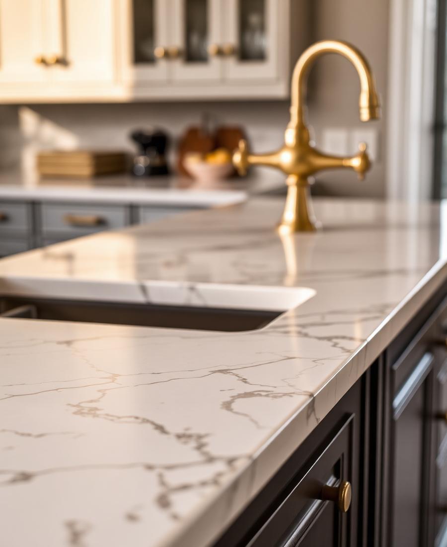 Close-up of a marble kitchen countertop with a brass faucet