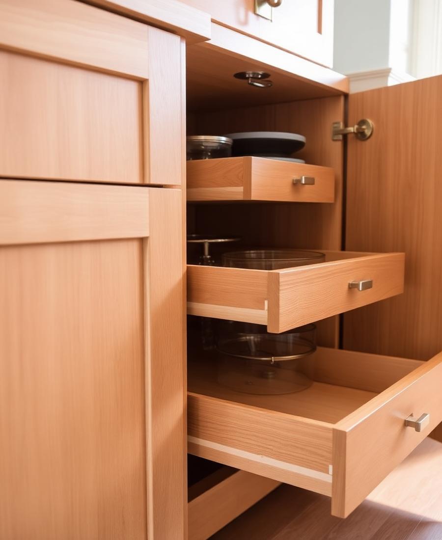 Custom kitchen cabinetry with organized pull-out drawers