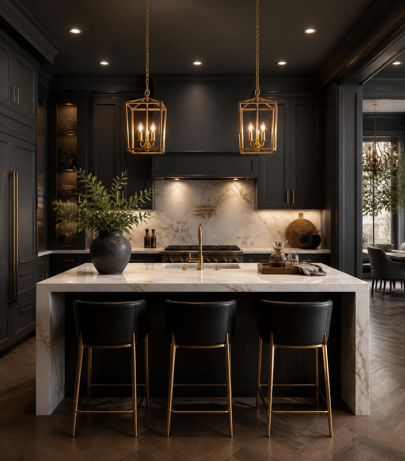 Newly remodeled luxury kitchen with dark cabinetry, gold hardware and a marble island